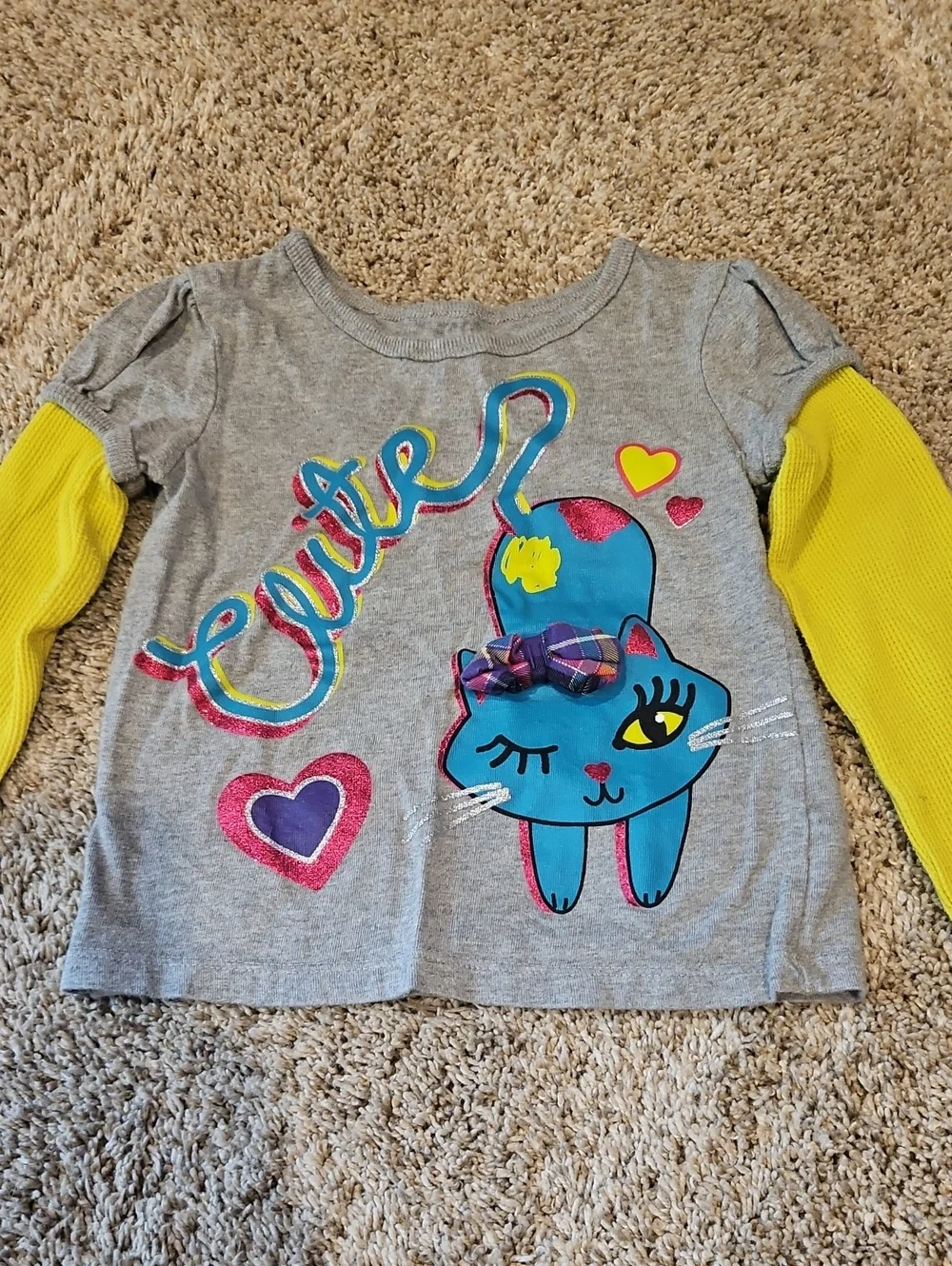 Girls' Gray & Yellow 'Cute' Cat Long-Sleeve Top